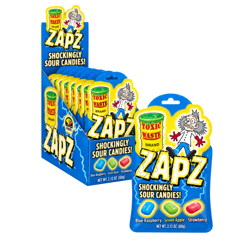TOXIC WASTE - ZAPZ ASSORTED SOUR CANDIES - 12/60G